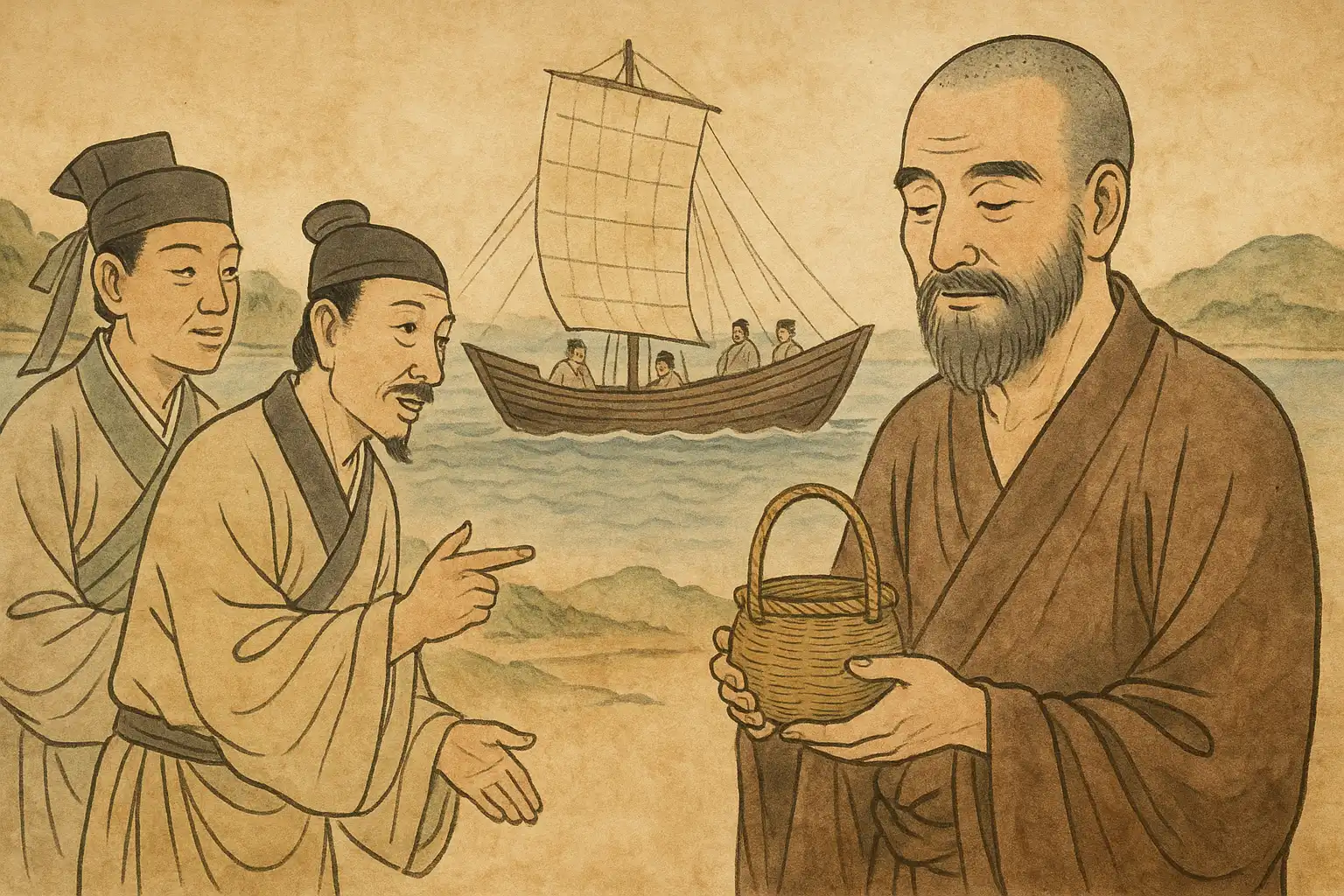 栄西が中国から茶の文化を持ち帰った様子のイラスト